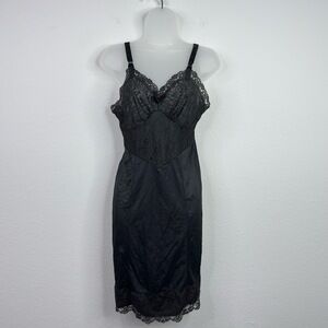 Texsheen Nightgown Womens 34 Black VTG Lace Lingerie Slip Nylon‎ Boudoir Goth